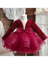Girls Sequins Elegant Long Sleeve Princess Dress, Fashion Bow V-Neck Fluffy Party Dress Suitable For Christmas, Birthday, Piano Concert